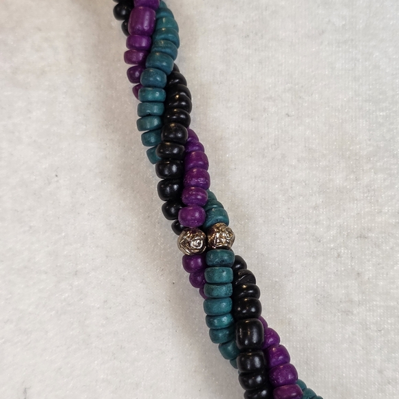 Vintage Chunky Twisted Beaded Necklace Teal Purple Black Multi-Strand Statement - Picture 9 of 10